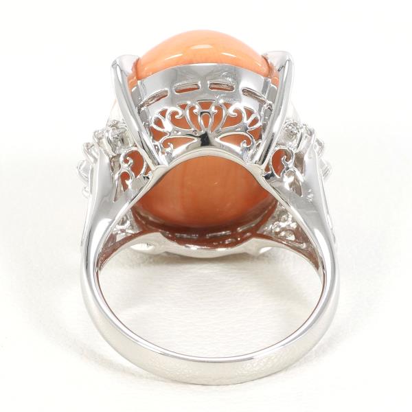 PT900 Platinum Ring with Coral and Diamond in Excellent Condition