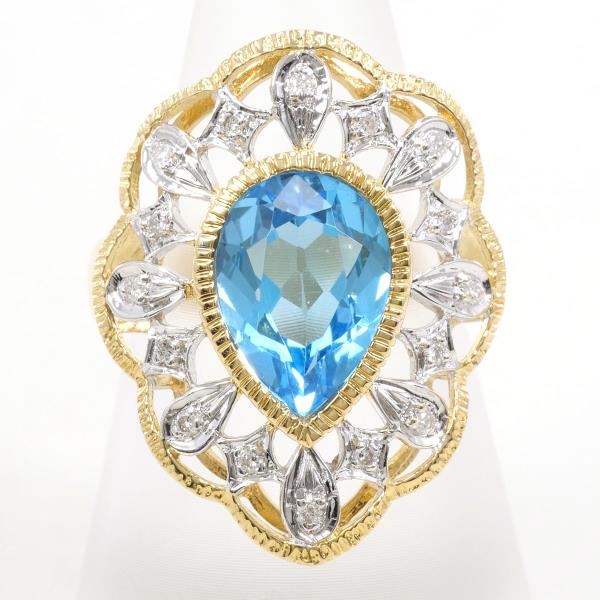 K18 Yellow Gold White Gold Ring with Blue Topaz and Diamonds in Excellent Condition