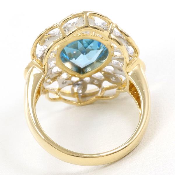 K18 Yellow Gold White Gold Ring with Blue Topaz and Diamonds in Excellent Condition