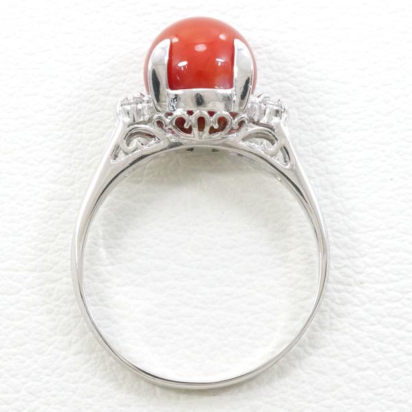 PT900 Platinum Ring with Coral and Diamond in Excellent Condition