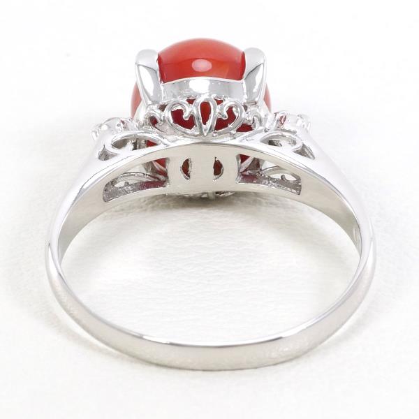 PT900 Platinum Ring with Coral and Diamond in Excellent Condition