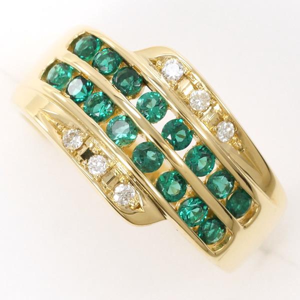 K18 Yellow Gold Ring with Synthetic Emerald and Diamond in Excellent Condition