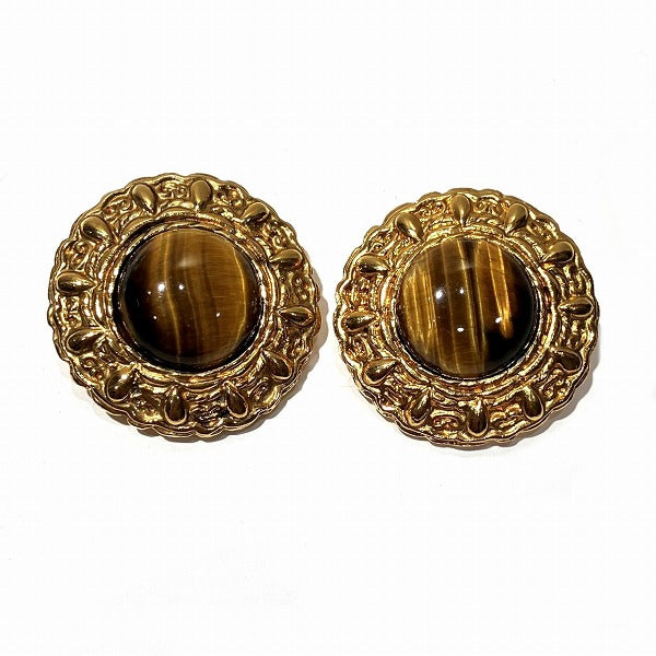 Chanel Tiger Eye Stone Metal Clip Earrings in Great Condition