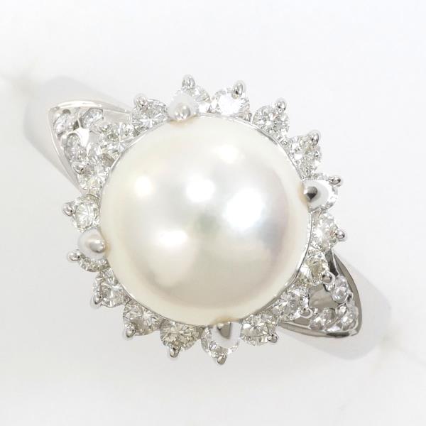 PT900 Platinum Pearl Ring 10号 with Diamond in Excellent Condition