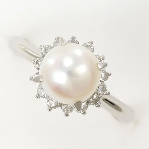 PT850 Platinum Ring with 7mm Pearl and 0.23ct Diamond in Excellent Condition