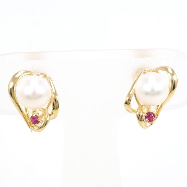 K18 Yellow Gold Pearl Ruby Earrings in Excellent Condition