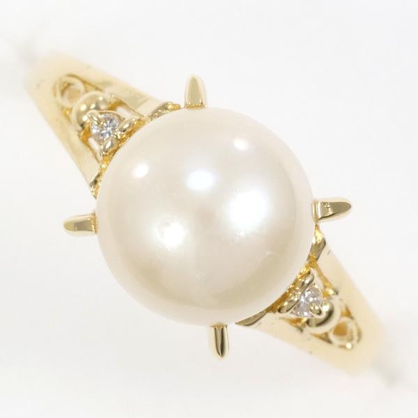 K18 Yellow Gold Pearl Ring with Diamond in Excellent Condition