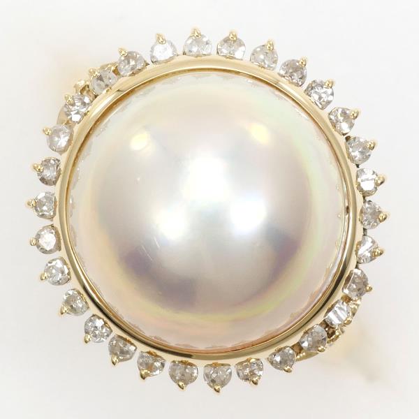 K18 Yellow Gold Ring with Mabe Pearl and Diamond in Excellent Condition