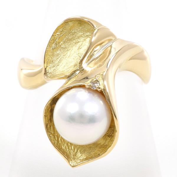 K18 Yellow Gold Pearl Ring with Diamond in Excellent Condition