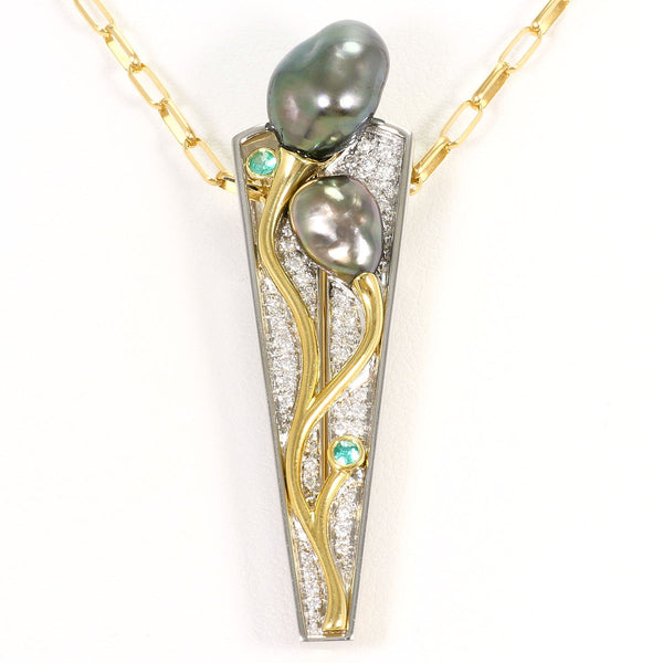 Platinum Au750 Black South Sea Pearl Tourmaline Diamond 2way Necklace