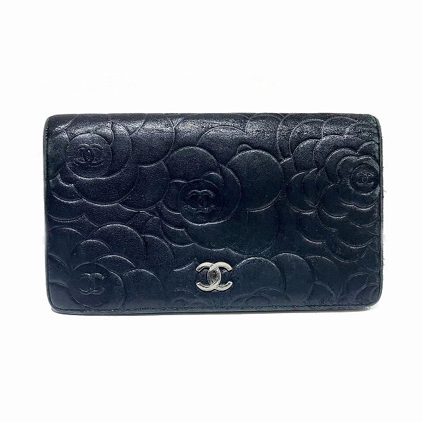 Chanel Camellia Coco Mark Leather Long Wallet in Fair Condition