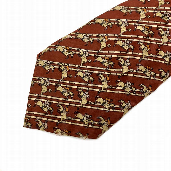 Hermes Silk Tie Brown Equestrian Pattern in Good Condition