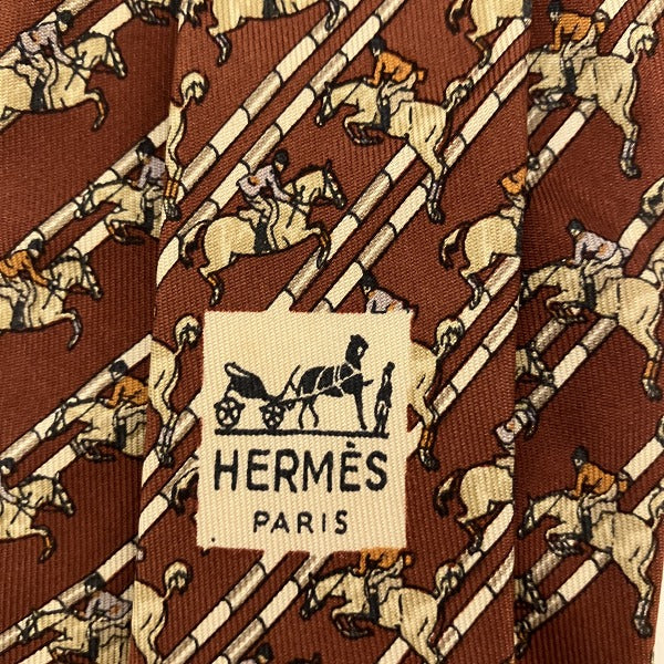 Hermes Silk Tie Brown Equestrian Pattern in Good Condition