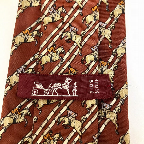 Hermes Silk Tie Brown Equestrian Pattern in Good Condition