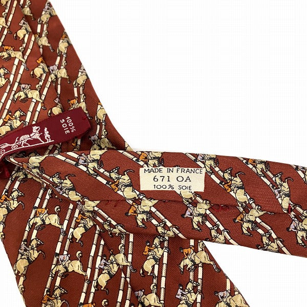 Hermes Silk Tie Brown Equestrian Pattern in Good Condition