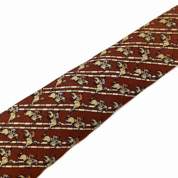 Hermes Silk Tie Brown Equestrian Pattern in Good Condition