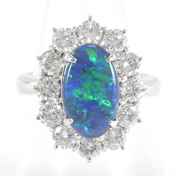 PT900 Platinum Ring with Black Opal and Diamonds in Excellent Condition