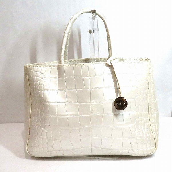 Furla Embossed Leather Handbag Ivory in Good Condition