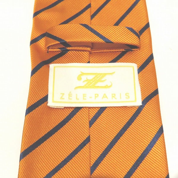 Zel Paris Orange Striped Silk Necktie with Pocket Square in Pristine Condition