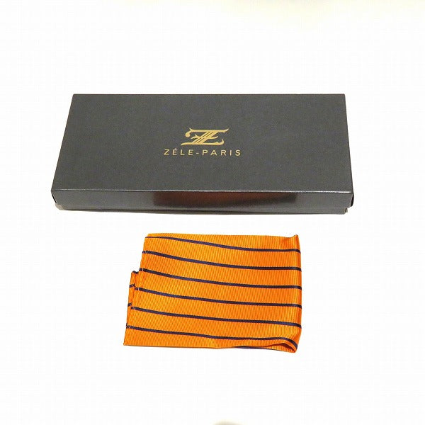 Zel Paris Orange Striped Silk Necktie with Pocket Square in Pristine Condition