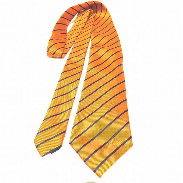 Zel Paris Orange Striped Silk Necktie with Pocket Square in Pristine Condition