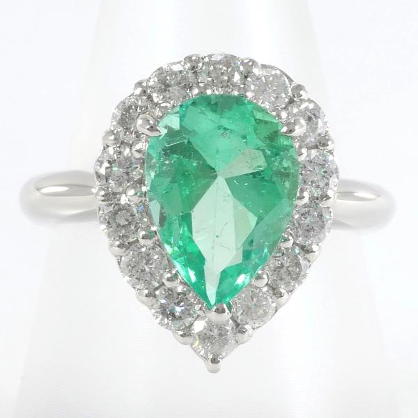 PT900 Platinum Ring with Emerald and Diamond in Excellent Condition