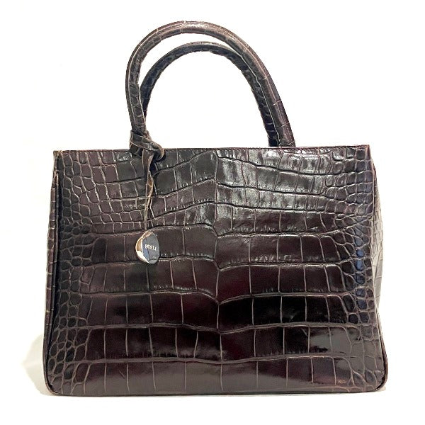 Furla Dark Brown Croc Embossed Leather Handbag in Good Condition