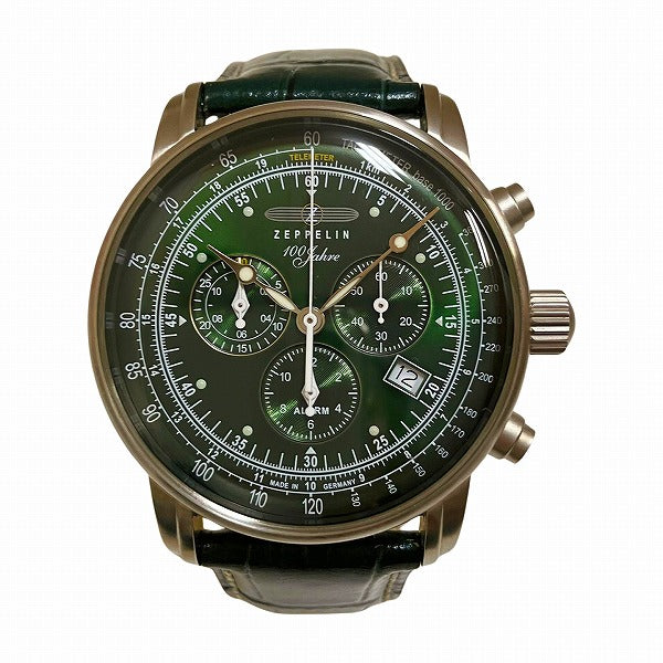 Zeppelin 100th Anniversary Special Edition Japan Chronograph Alarm Men's SS/Leather Green Watch (Pre-owned) in Great Condition