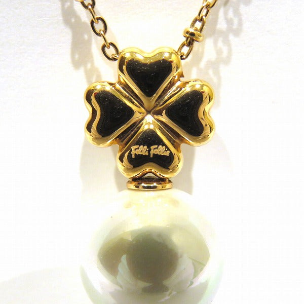 Stainless Steel Shell-Coated Big Pearl Clover Motif Necklace in Good Condition