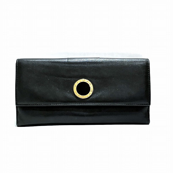 Bvlgari Black Leather Gold Logo Tri-Fold Long Wallet