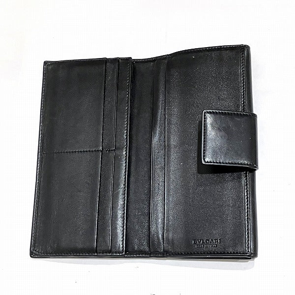 Bvlgari Black Leather Gold Logo Tri-Fold Long Wallet in Fair Condition