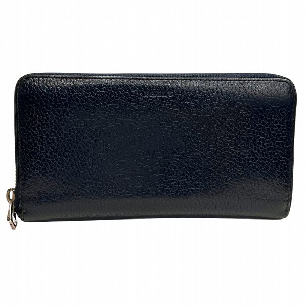 Bally Leather Navy Round Zipper Long Wallet