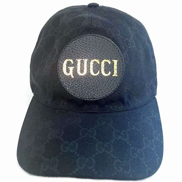 Gucci GG Canvas Logo Patch Baseball Cap Black and Gold Unisex L Size 53-58cm in Great Condition