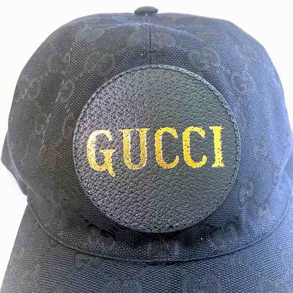 Gucci GG Canvas Logo Patch Baseball Cap Black and Gold Unisex L Size 53-58cm in Great Condition