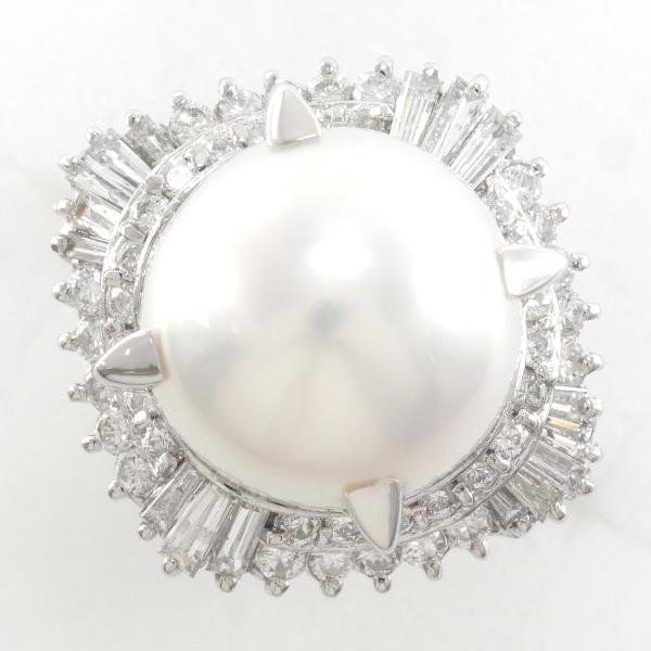 PT900 Platinum Ring with South Sea Pearl and Diamond in Excellent Condition