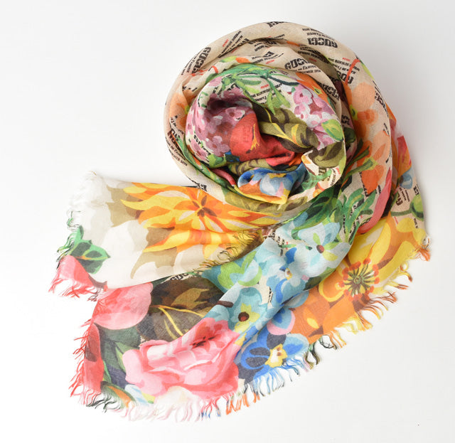 Gucci Silk Twill Scarf Shawl Flower Motif