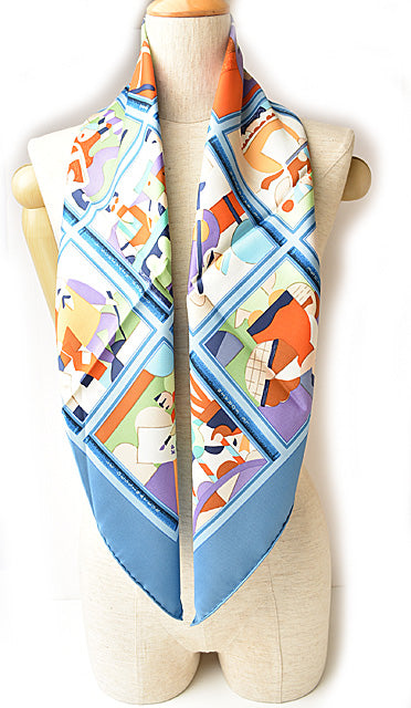 Hermes 100% Silk Scarf Carre 90 LES PETITS METIRS Light Blue/Multi 88x88cm in Pristine Condition