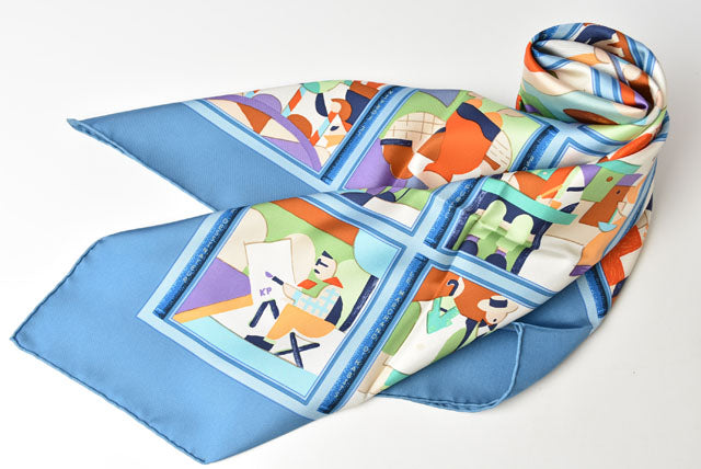 Hermes 100% Silk Scarf Carre 90 LES PETITS METIRS Light Blue/Multi 88x88cm in Pristine Condition