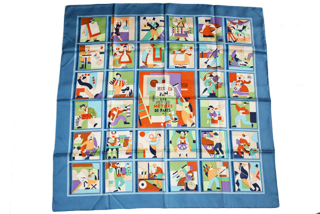 Hermes 100% Silk Scarf Carre 90 LES PETITS METIRS Light Blue/Multi 88x88cm in Pristine Condition