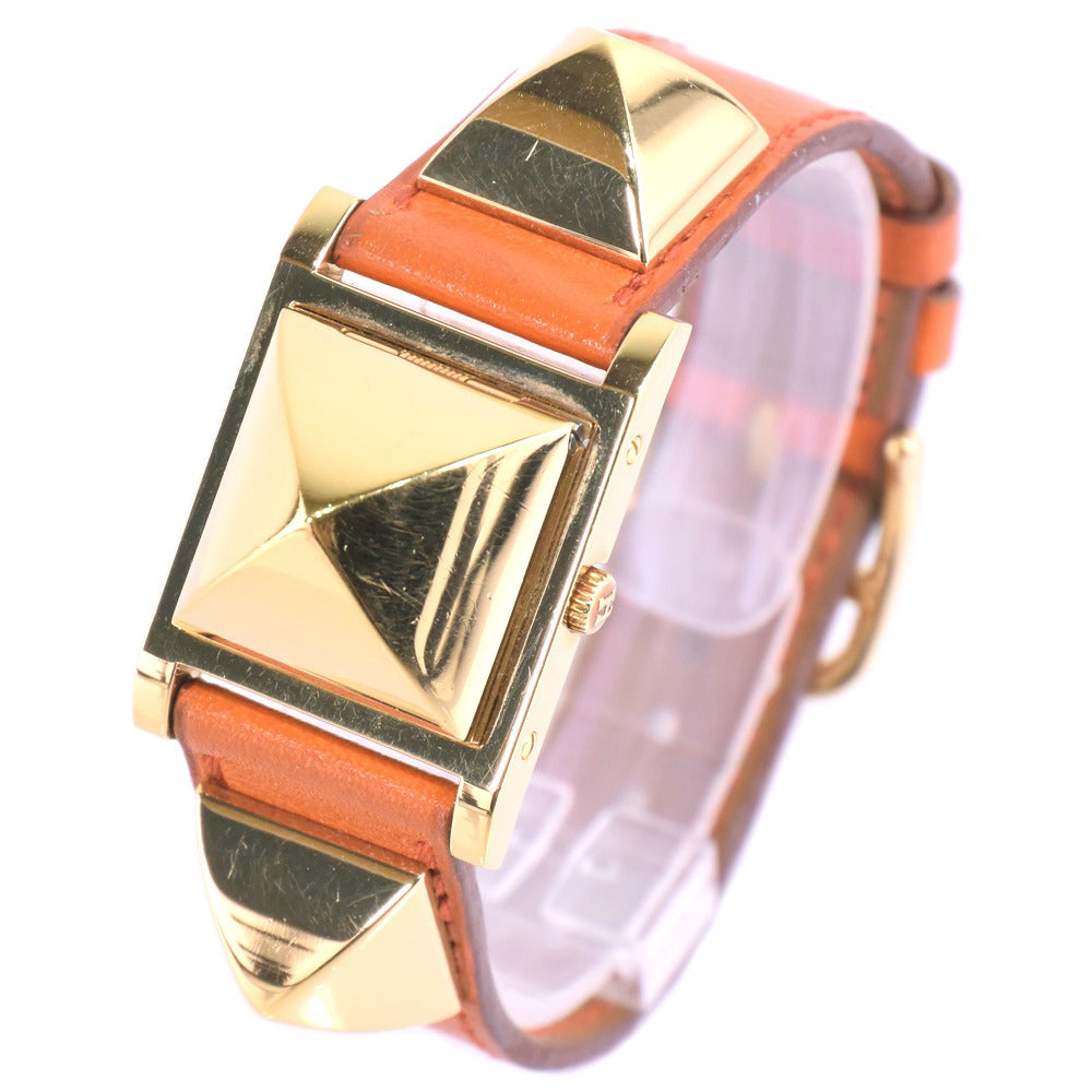 Hermes Medor Women's Wristwatch, Gold Plated & Leather, Quartz, Orange, White Dial - Pre-loved, Grade A-
