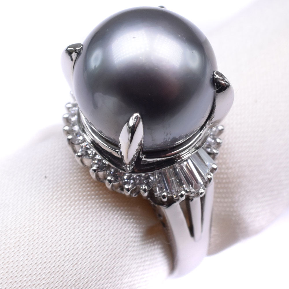 [LuxUness]  Intricate Pearl Ring, Size 8.5, with 11.0 mm Black Pearl and Diamonds set in Pt900 Platinum, Ladies, Preloved, A Rank Natural Material Ring in Excellent condition