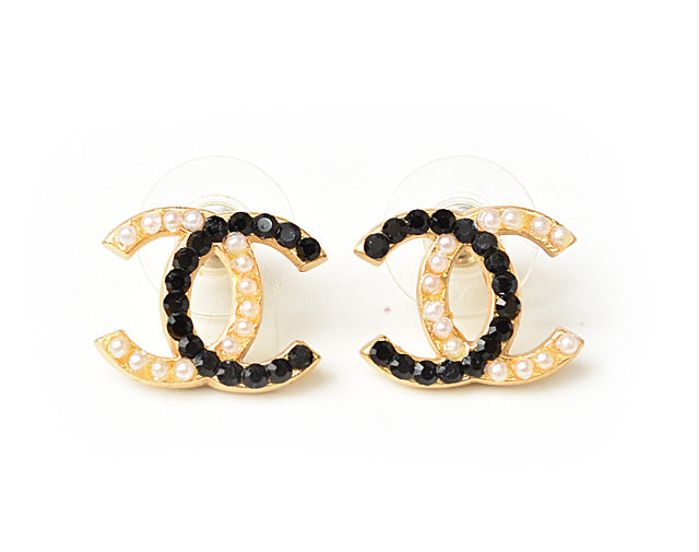 Chanel Earrings CC Mark Pearl Motif Rhinestone Black/Gold in Excellent Condition