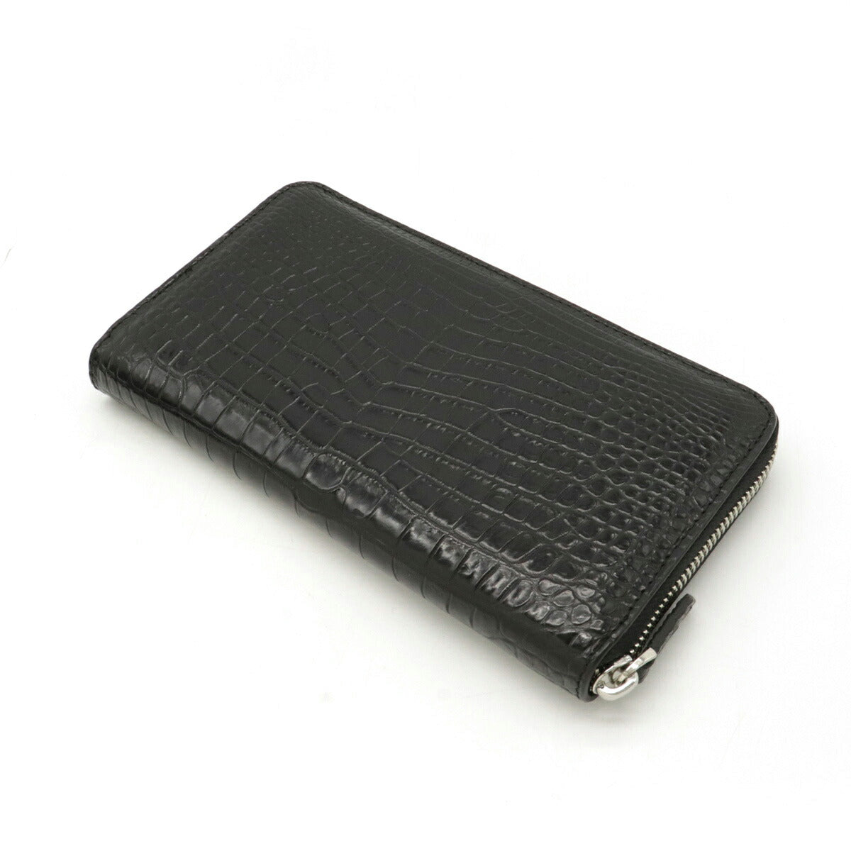 Crocodile Leather Round Zipper Long Wallet Black