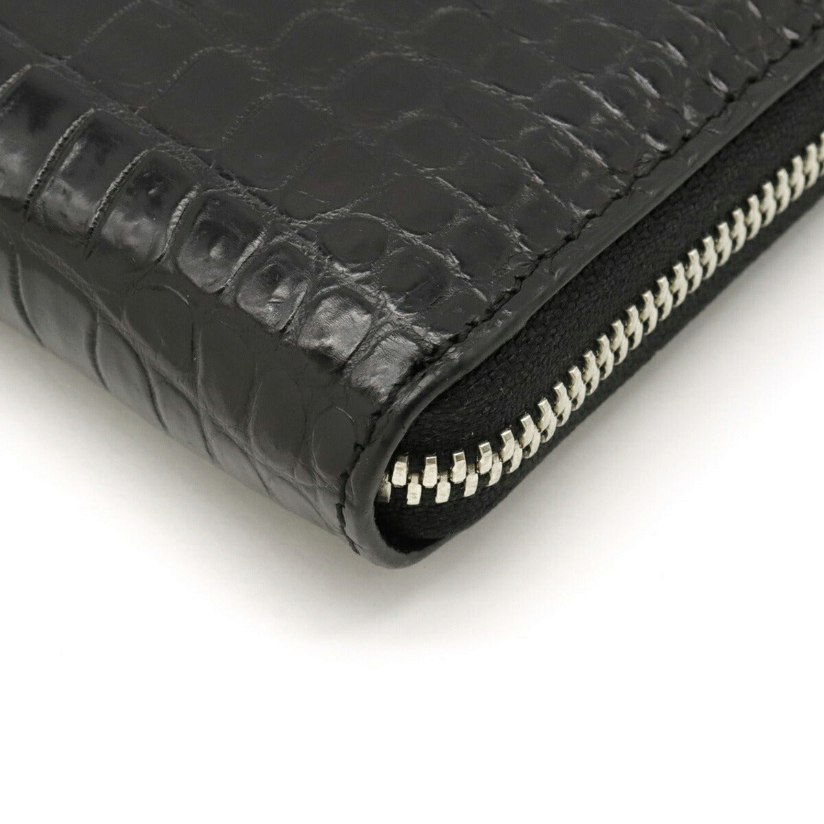 Crocodile Leather Round Zipper Long Wallet Black