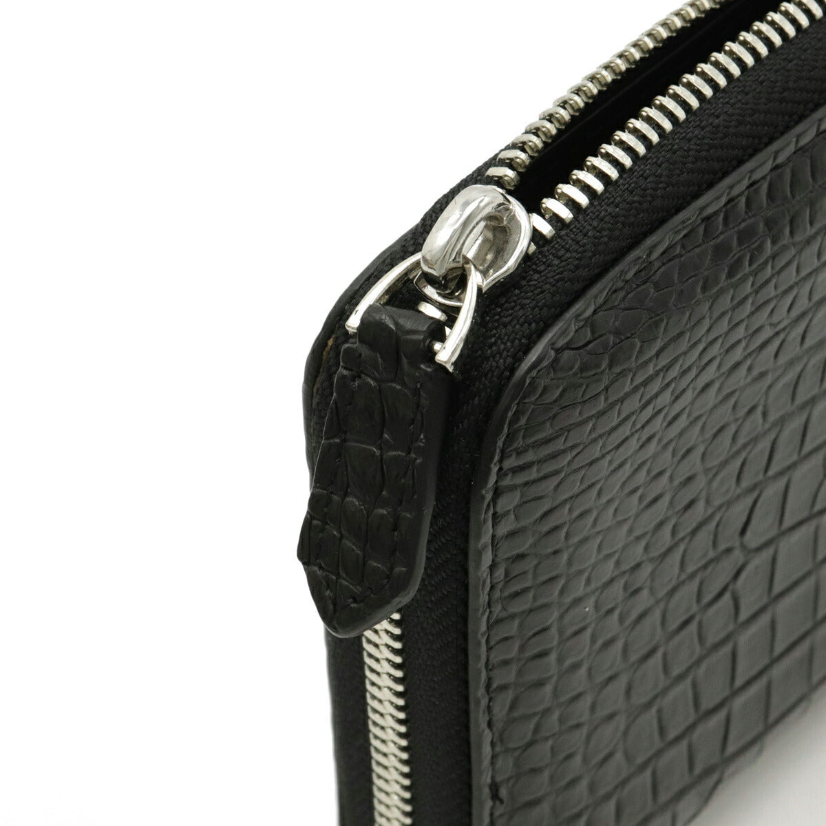 Crocodile Leather Round Zipper Long Wallet Black