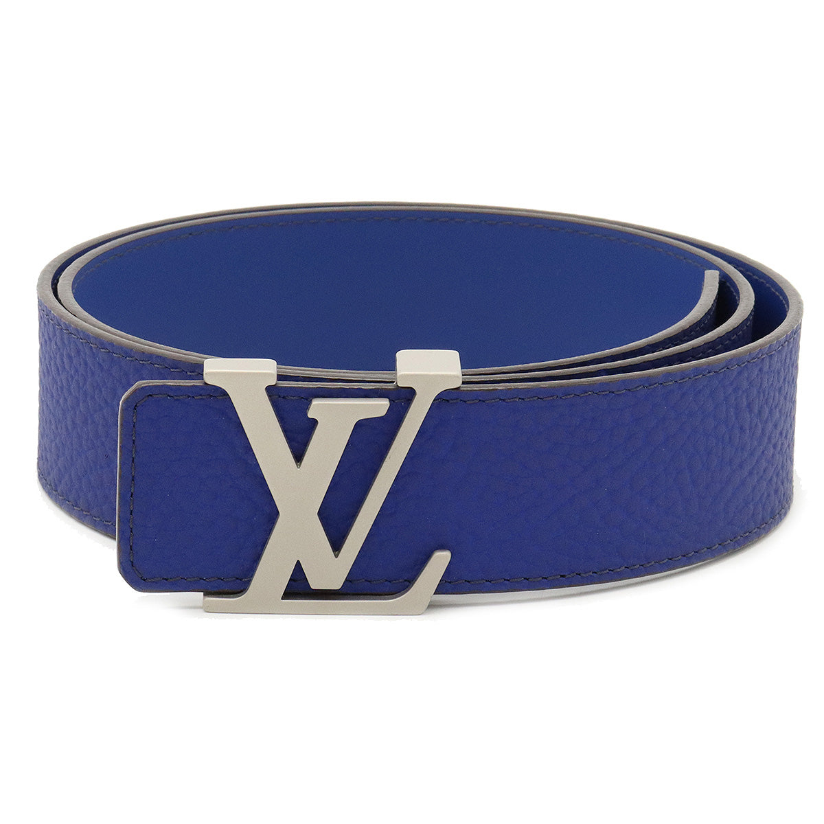 Louis Vuitton Leather Belt Blue Silver Buckle M9125U in Pristine Condition