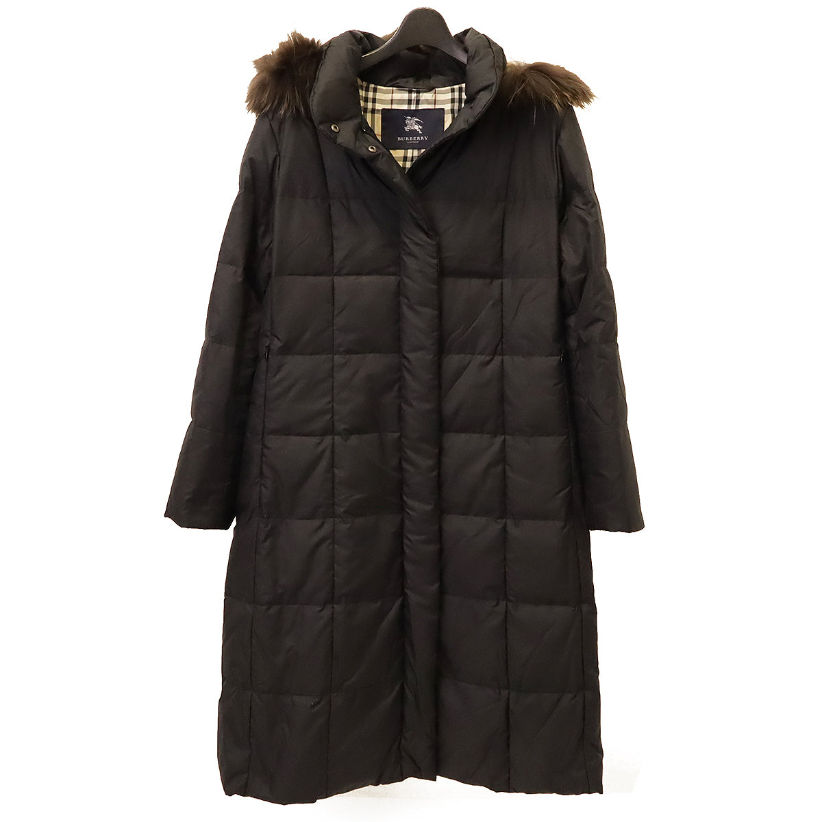 Burberry Down Jacket Polyester Black with Fur Hood in Great Condition