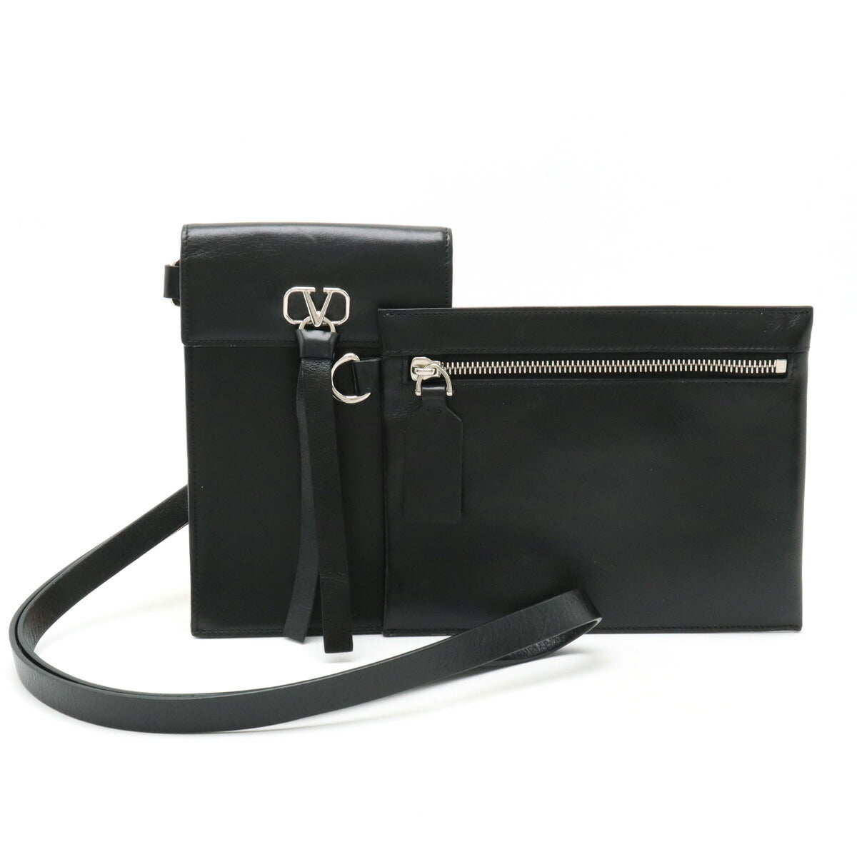 Valentino Leather V-Ring Neck Pouch Black