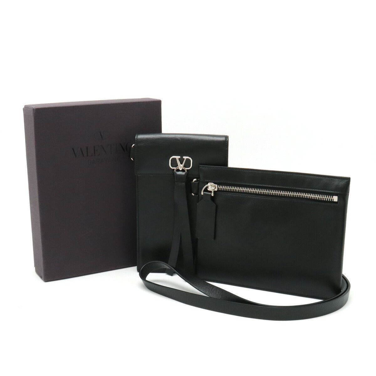 Valentino Leather V-Ring Neck Pouch Black