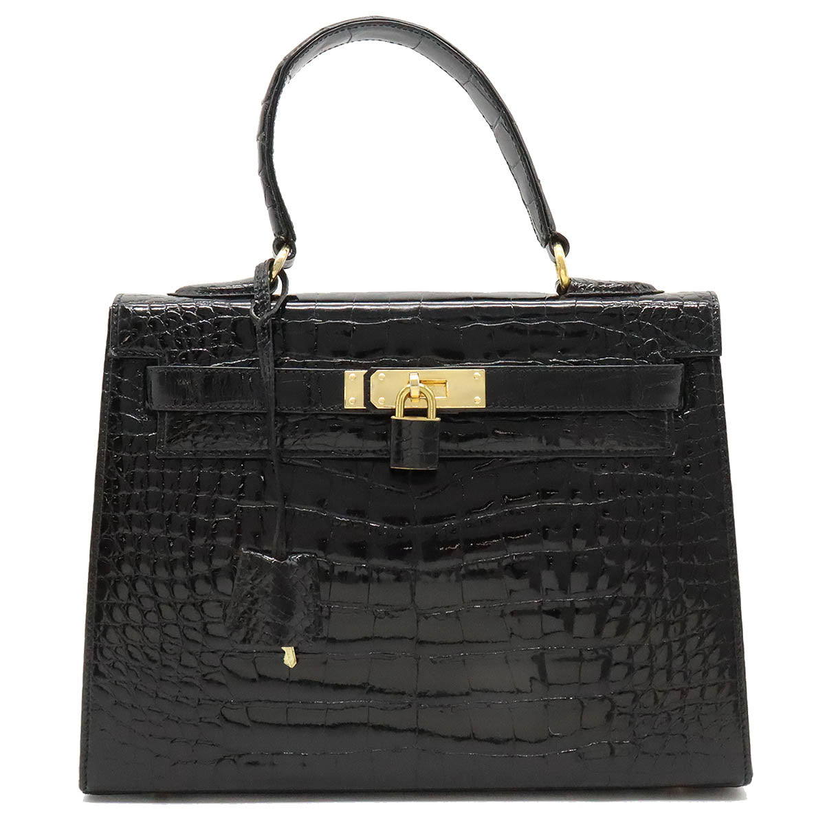 Crocodile Handbag Black Kelly Style Gold Hardware in Very Good Condition